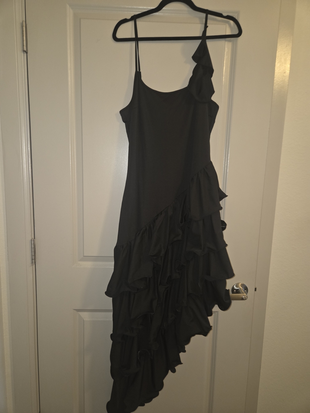 Asymmetric Black Ruffle Slip Dress